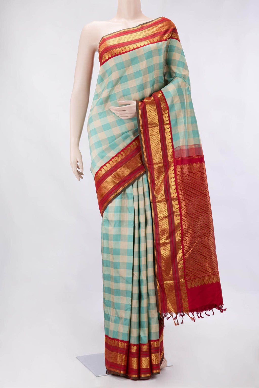 Pure Silk Pure Zari Beige and Sky Blue Dual Tone Kanjivaram Saree