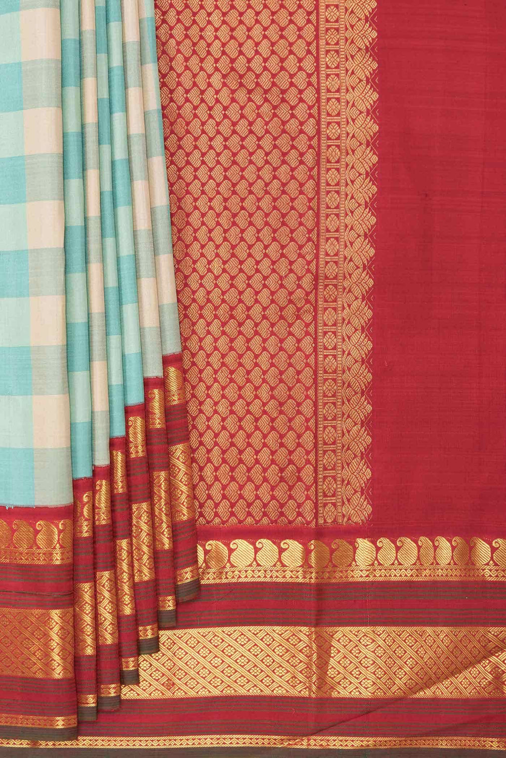 Pure Silk Pure Zari Beige and Sky Blue Dual Tone Kanjivaram Saree