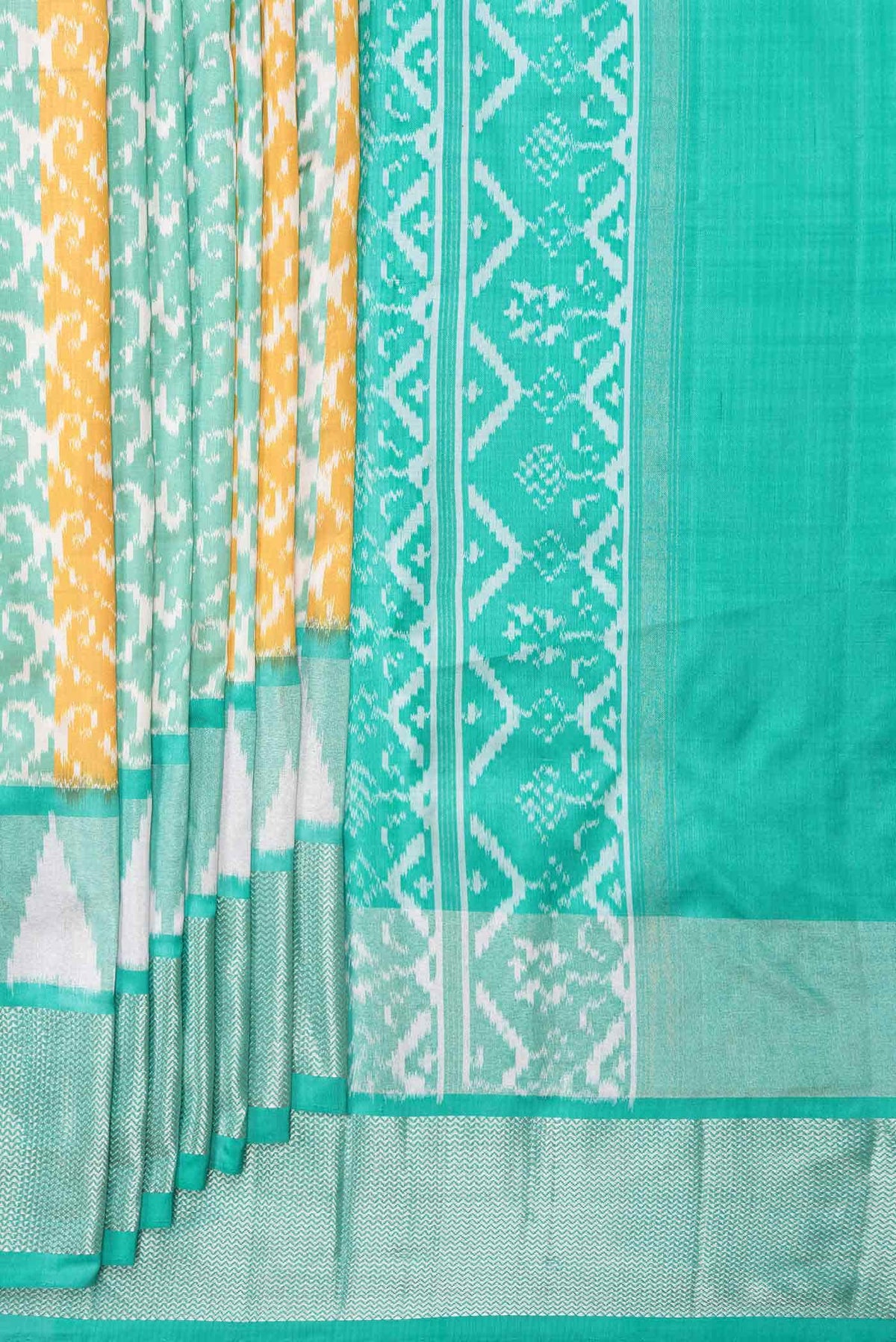 Mustard and Sea Green Dual Tone Double Ikat Saree
