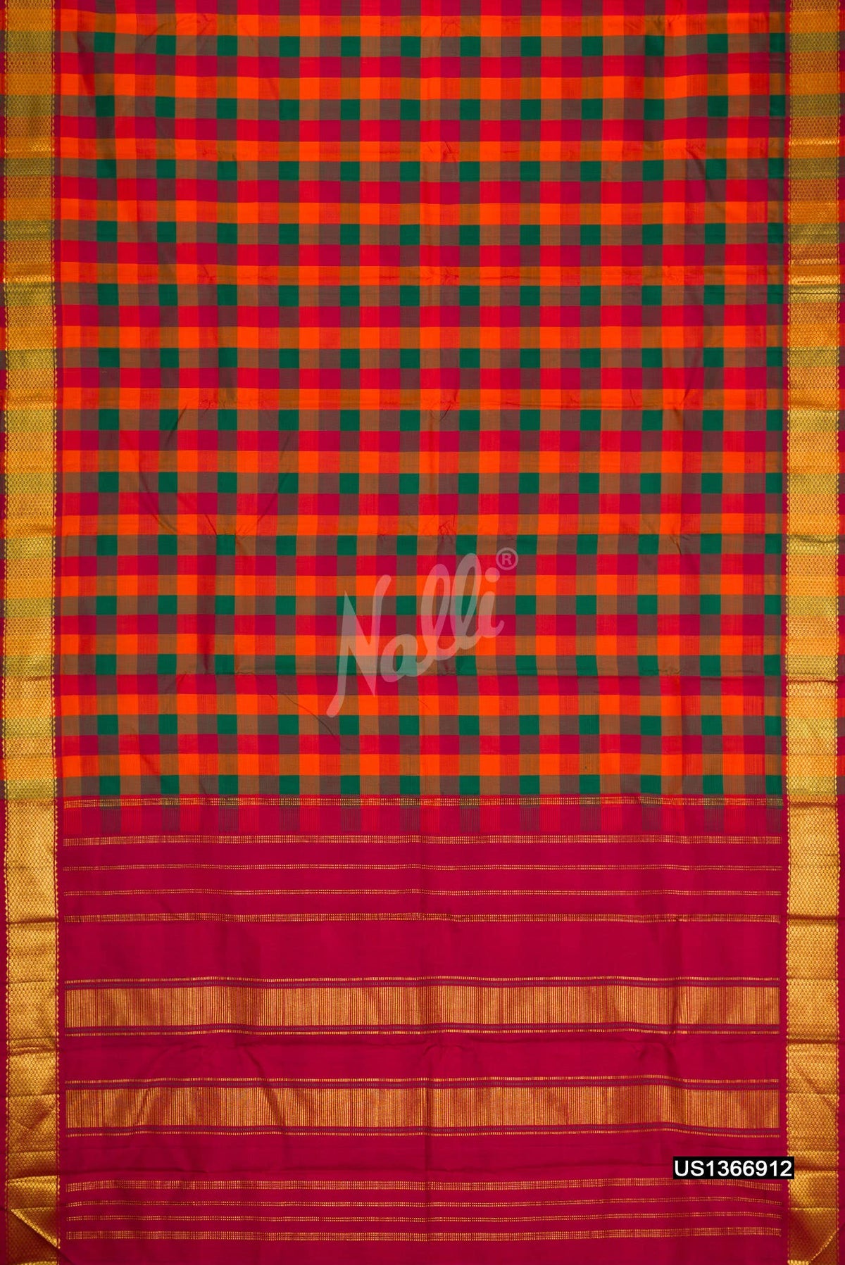 Orange , Green and Maroon Kanchipuram Silk Saree